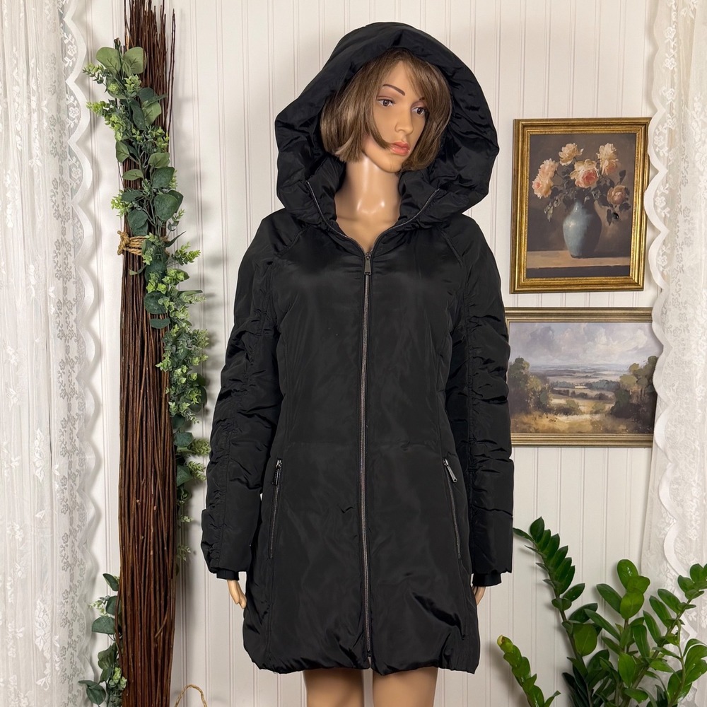 Laundry by Shelli Segal Puffer Coat Women Small Black New Hooded Ruched Sleeve